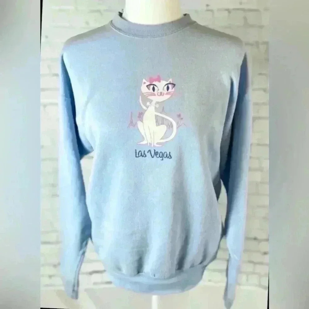 Women’s Vintage Blue Sparkly Cat Sweatshirt fleece Las Vegas M Y2K Hanes Crew 90